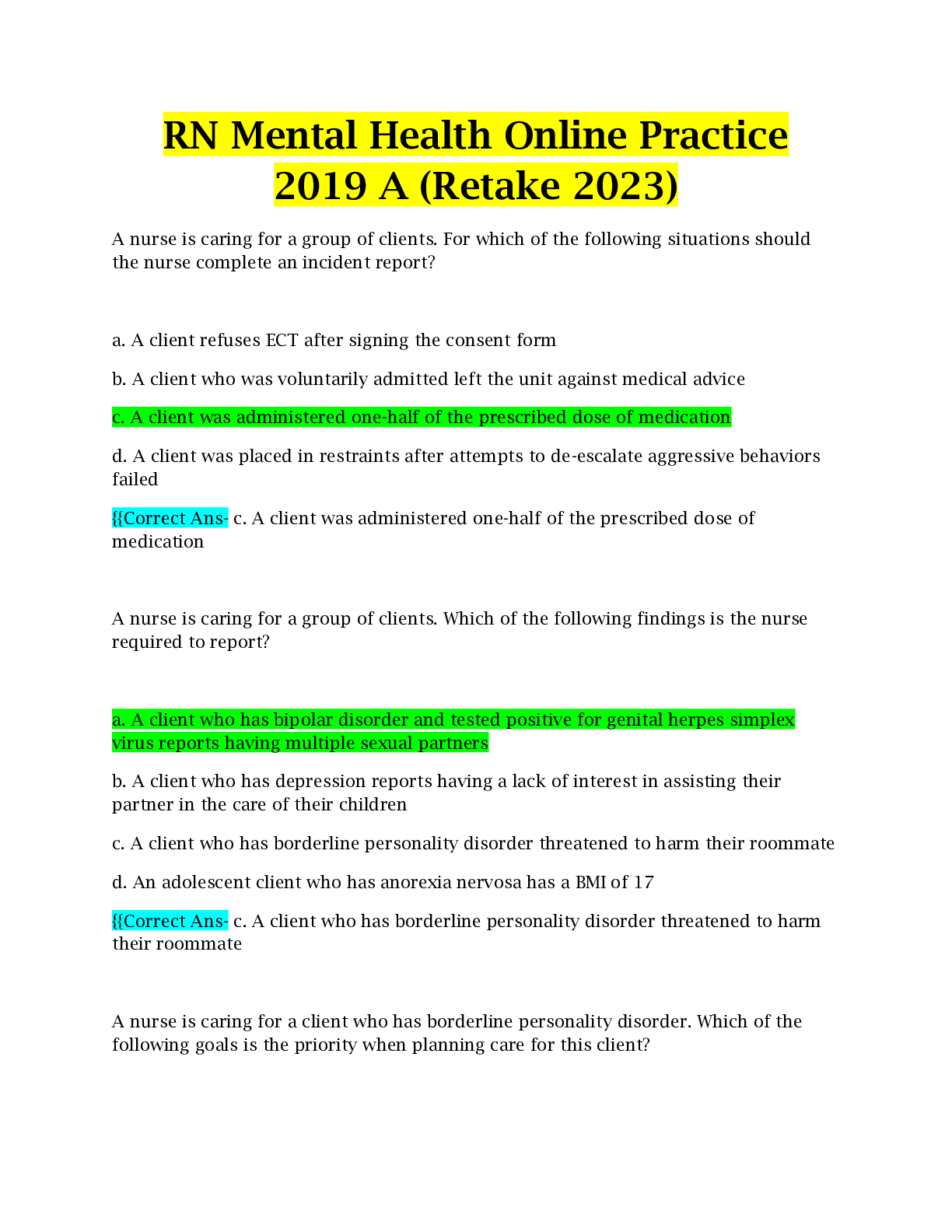 Preview image for RN Mental Health Online Practice 2019 A (updated 2022) with Rationale + Verified